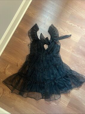 Lush Black Glitter Tie-back Ruffle Mini Dress